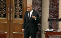 Sen. Cory Booker wears a hostage pin during a marathon speech on the Senate floor, April 1, 2025. (Screenshot)